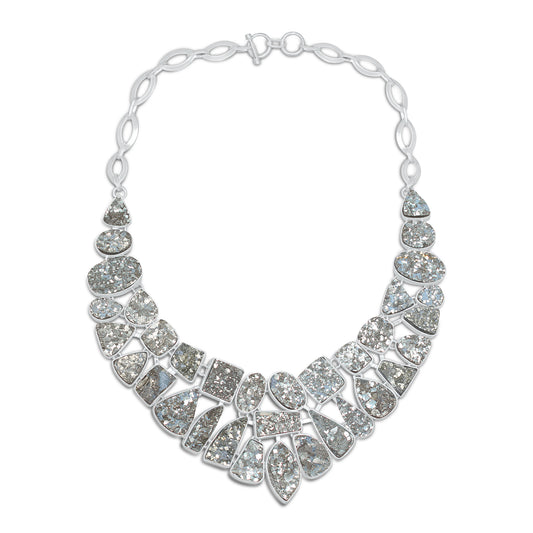 Pyrite Druzy Sparkle Statement Necklace | Natural Pyrite Druzy Cluster Bib Necklace | Silver Plated