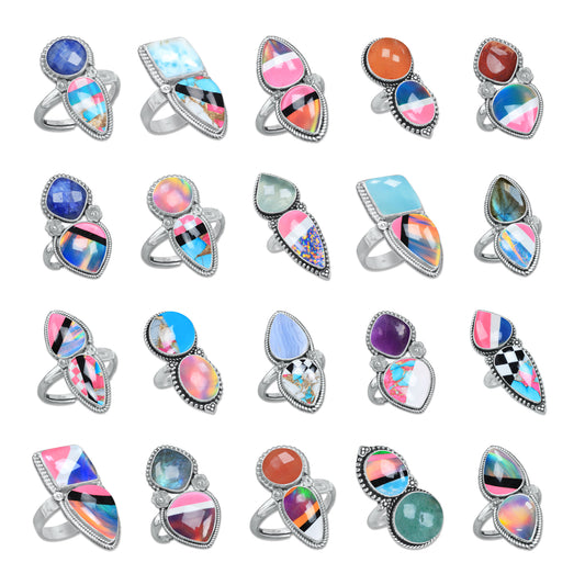 Multi-Stone Gemstone Rings – Aurora Opal & Natural Stones | Adjustable, Handmade, 925 Sterling Silver
