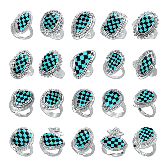 Checkerboard Turquoise Rings – 925 Sterling Silver, Inlay Style, Adjustable