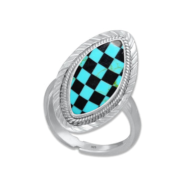 Checkerboard Turquoise Rings – 925 Sterling Silver, Inlay Style, Adjustable