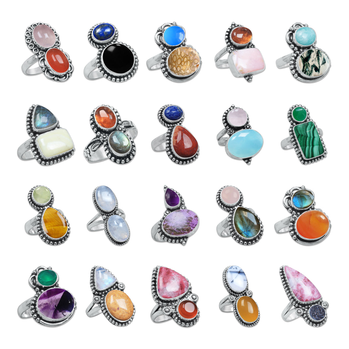 Multi-Stone Rings – Silver-Plated, Handmade, Boho Gemstone Combinations (US Sizes 6–10, Non-Adjustable) | Wholesale