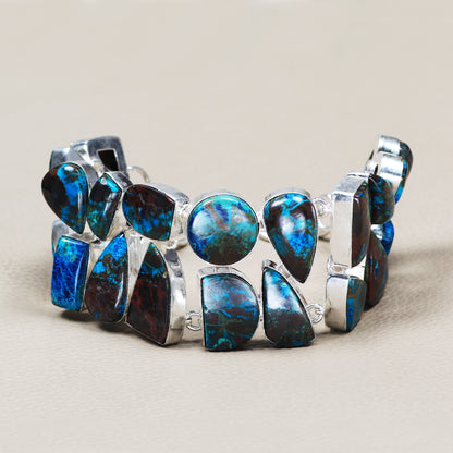 Azurite Malachite Statement Link Bracelet | Natural Gemstone Bracelet | Sterling Silver Plated