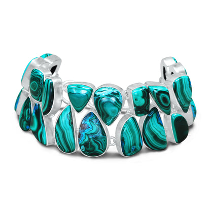 Malachite Statement Link Bracelet | Natural Malachite Gemstone Bracelet | Sterling Silver Plated