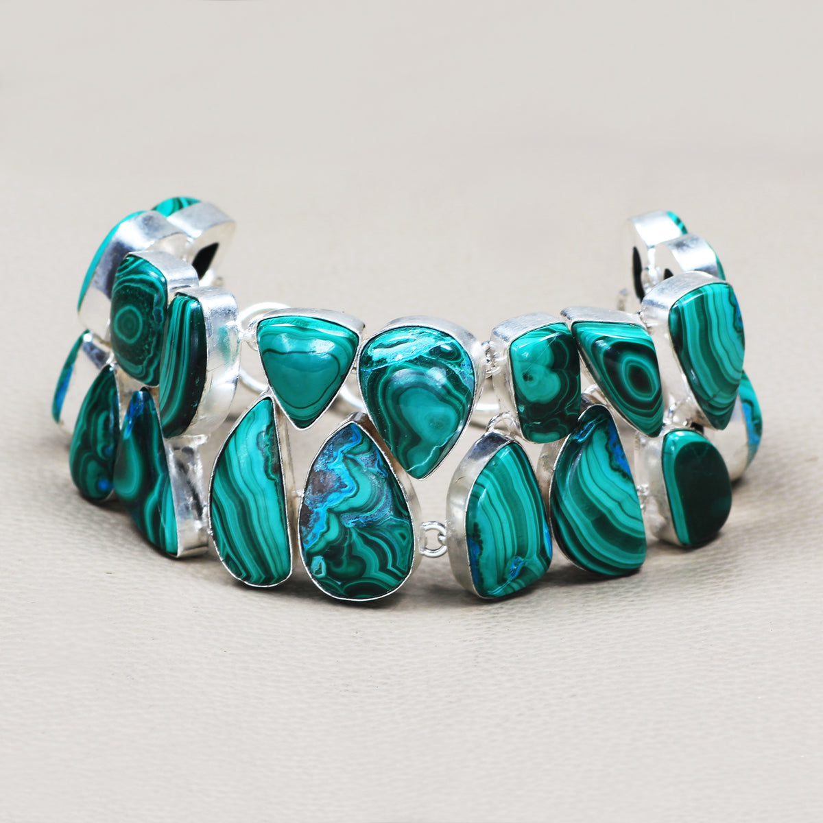 Malachite Statement Link Bracelet | Natural Malachite Gemstone Bracelet | Sterling Silver Plated