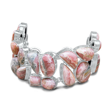 Rhodochrosite Statement Link Bracelet | Natural Pink Gemstone Bracelet | Sterling Silver Plated