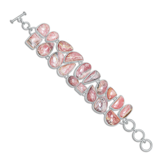 Rhodochrosite Statement Link Bracelet | Natural Pink Gemstone Bracelet | Sterling Silver Plated