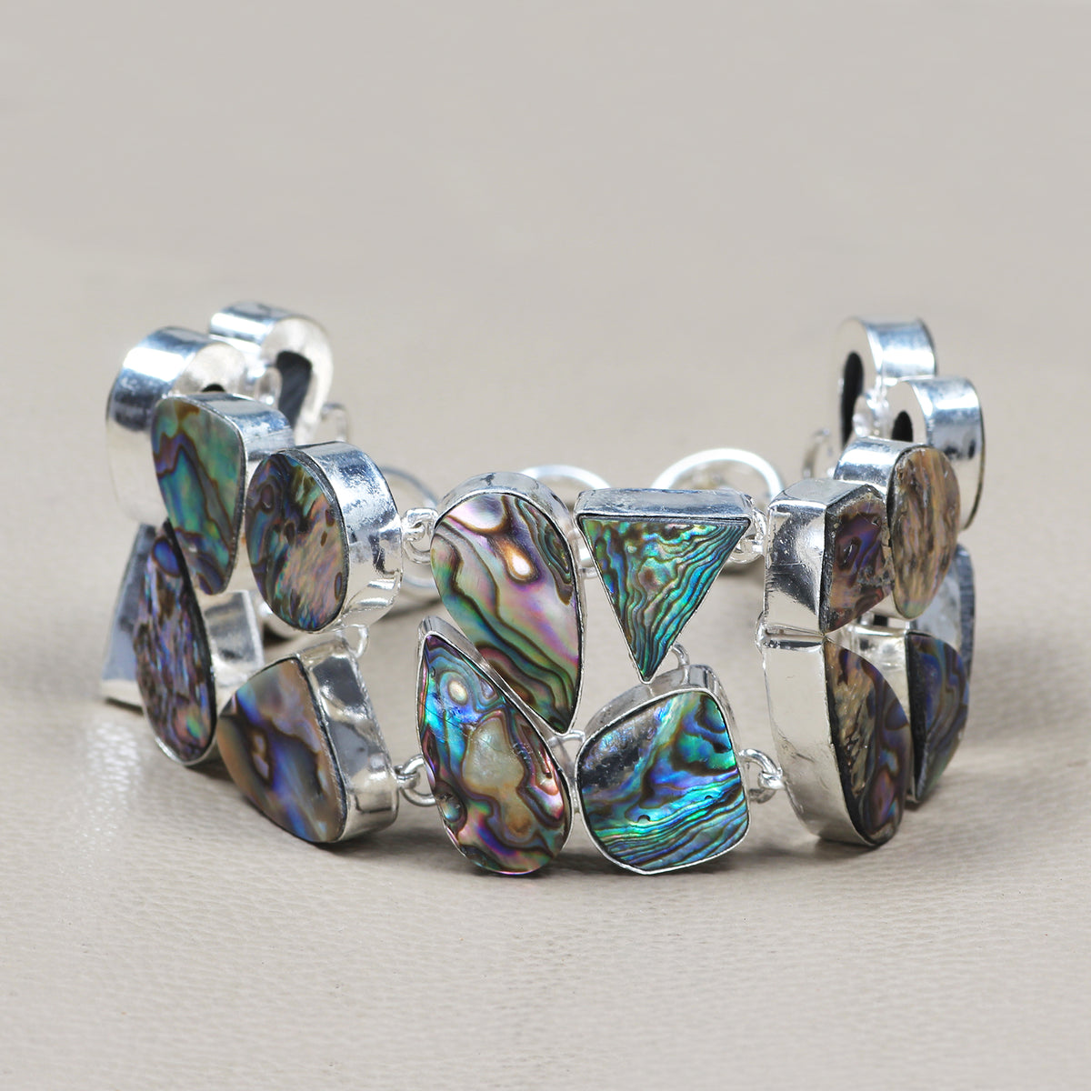 Abalone Shell Statement Link Bracelet | Natural Iridescent Shell Bracelet | Sterling Silver Plated