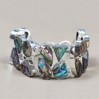 Abalone Shell Statement Link Bracelet | Natural Iridescent Shell Bracelet | Sterling Silver Plated