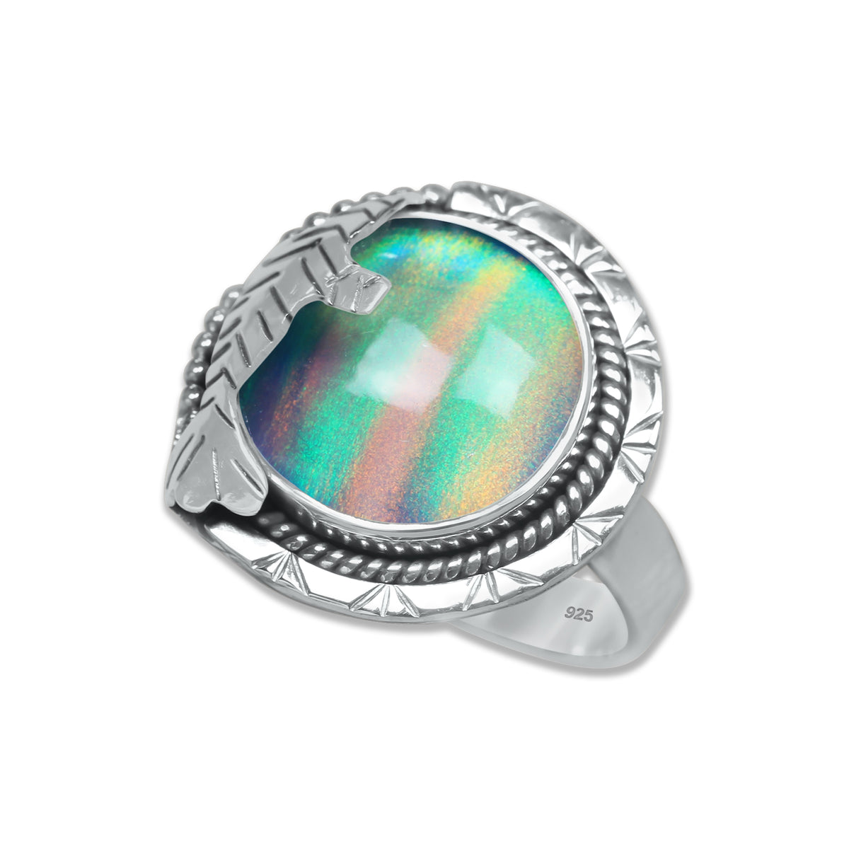Aurora Opal Ring – Round Cabochon | 925 Sterling Silver | Made to Order