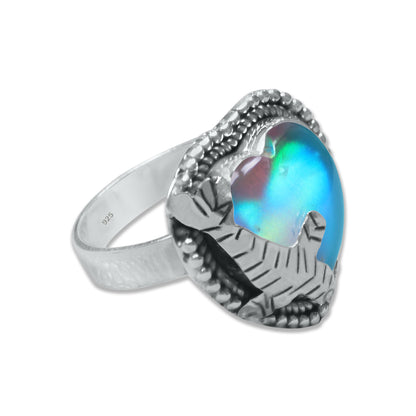 Aurora Opal Ring – Heart Cabochon | 925 Sterling Silver | Made to Order