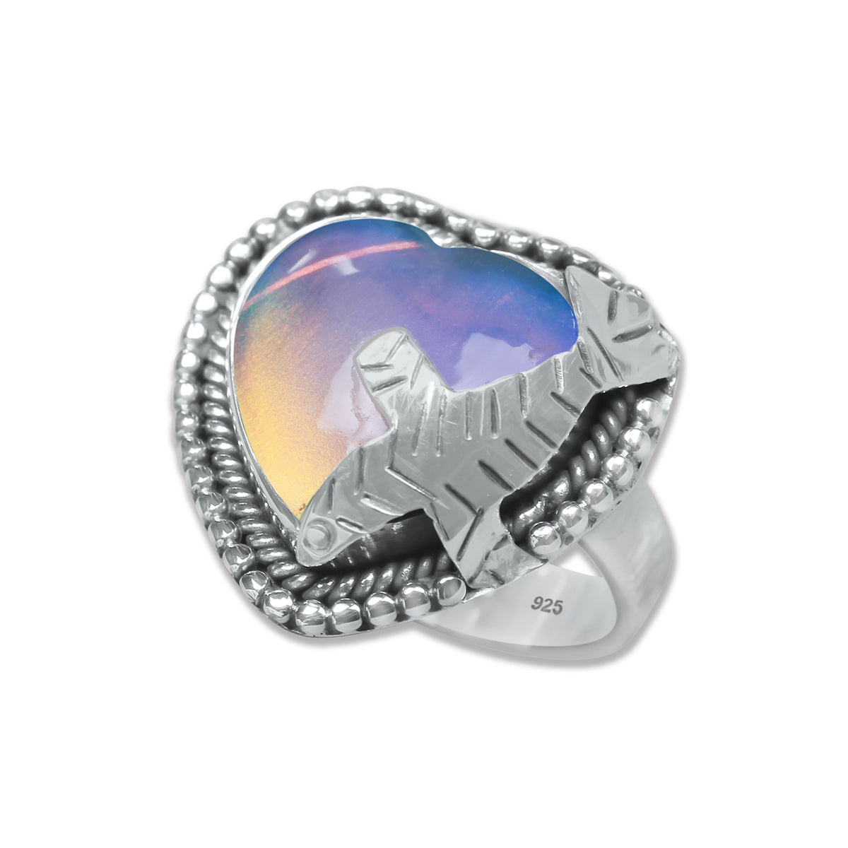 Aurora Opal Ring – Heart Cabochon | 925 Sterling Silver | Made to Order