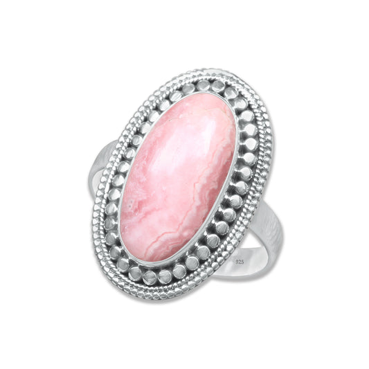 Rhodochrosite Oval Ring – Handmade in 925 Sterling Silver | Soft Pink Crystal Ring | Made to Order