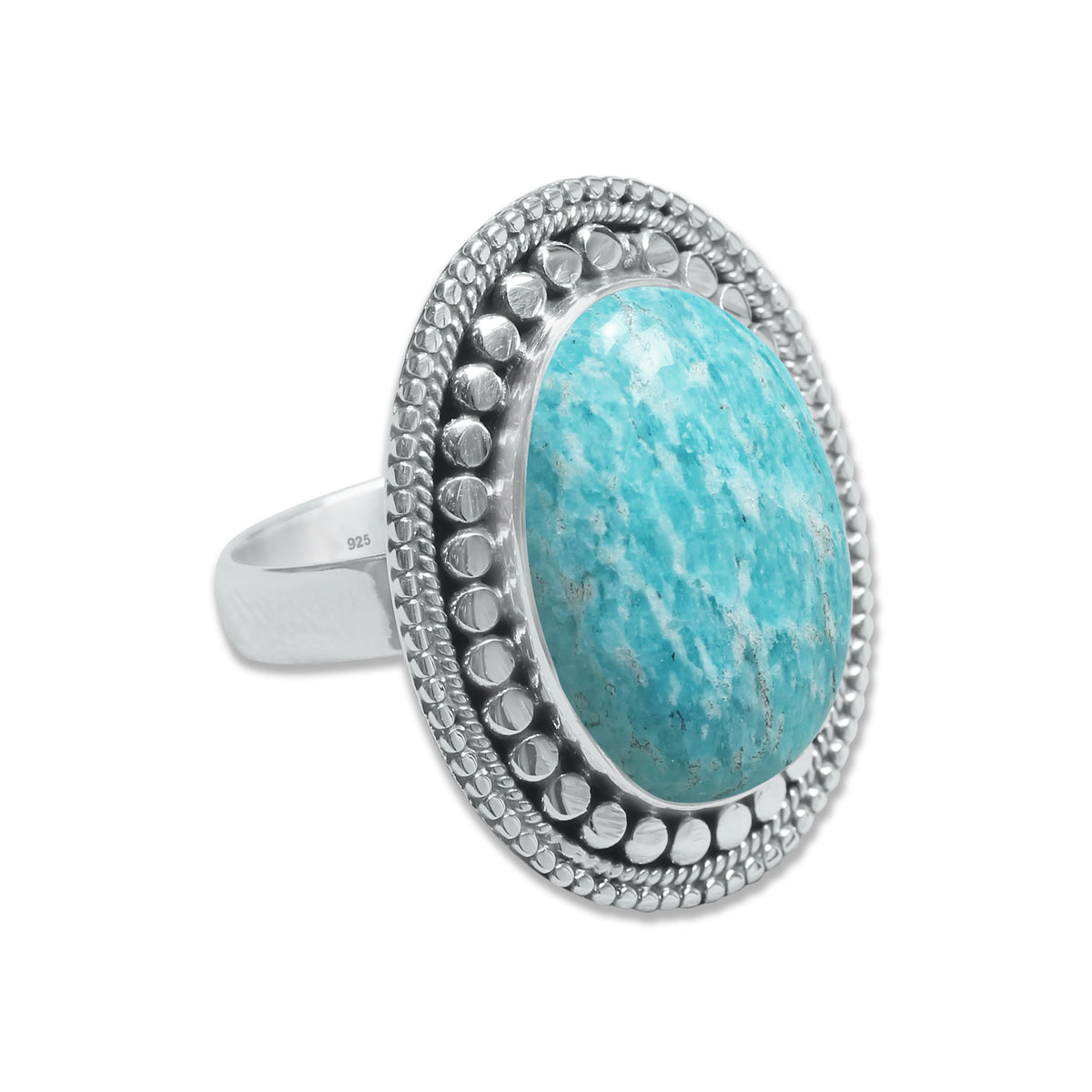 Handmade Amazonite Ring in 925 Sterling Silver – 16x12 mm Oval Cabochon – Sizes 4–13 & Adjustable