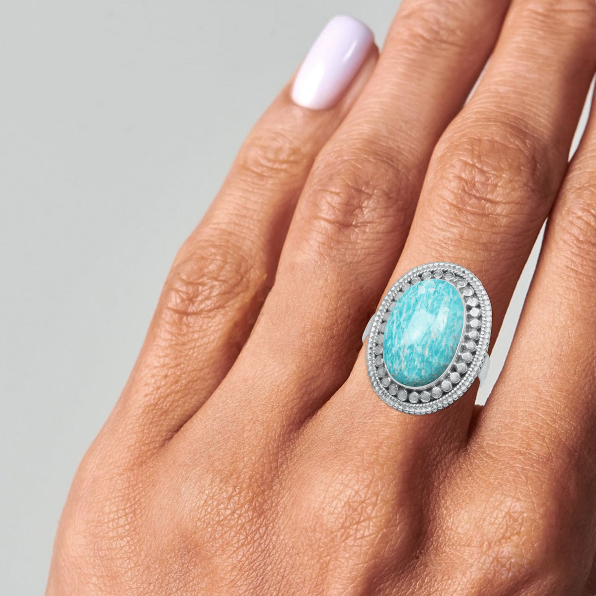 Handmade Amazonite Ring in 925 Sterling Silver – 16x12 mm Oval Cabochon – Sizes 4–13 & Adjustable