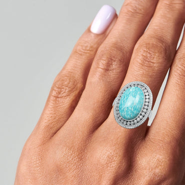 Handmade Amazonite Ring in 925 Sterling Silver – 16x12 mm Oval Cabochon – Sizes 4–13 & Adjustable