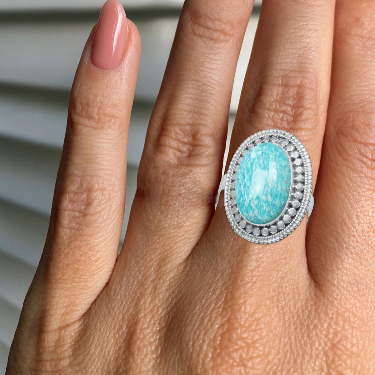 Handmade Amazonite Ring in 925 Sterling Silver – 16x12 mm Oval Cabochon – Sizes 4–13 & Adjustable