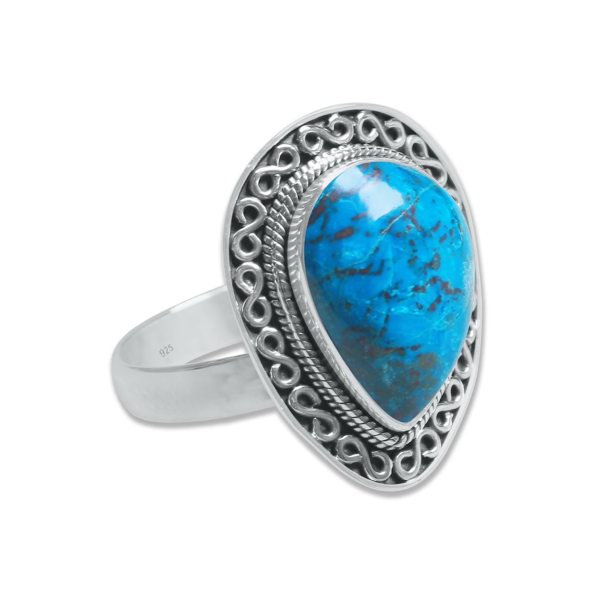 Chrysocolla Teardrop Ring in 925 Sterling Silver – Artisan Scrollwork Frame | Made to Order