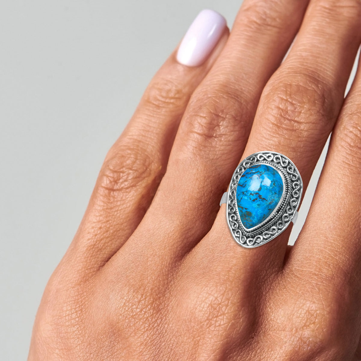 Chrysocolla Teardrop Ring in 925 Sterling Silver – Artisan Scrollwork Frame | Made to Order