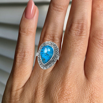Chrysocolla Teardrop Ring in 925 Sterling Silver – Artisan Scrollwork Frame | Made to Order