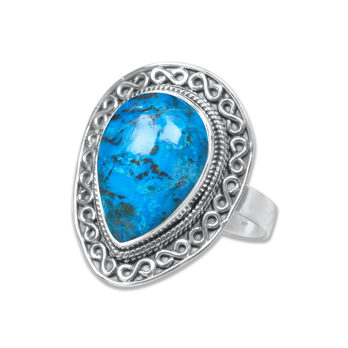Chrysocolla Teardrop Ring in 925 Sterling Silver – Artisan Scrollwork Frame | Made to Order