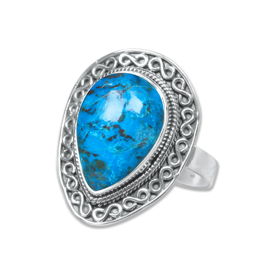 Chrysocolla Teardrop Ring in 925 Sterling Silver – Artisan Scrollwork Frame | Made to Order