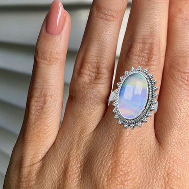 Aurora Opal Statement Ring - 925 Sterling Silver with Ornate Beaded Sunburst Frame | Made to Order