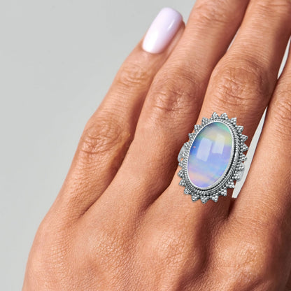 Aurora Opal Statement Ring - 925 Sterling Silver with Ornate Beaded Sunburst Frame | Made to Order