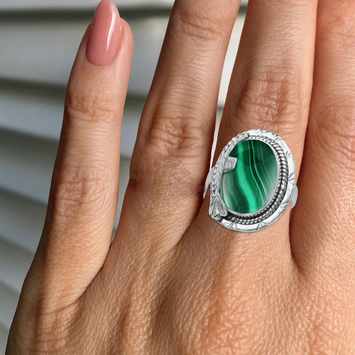 Malachite Fish Ring – Oval Cabochon | 925 Sterling Silver | Handmade to Order