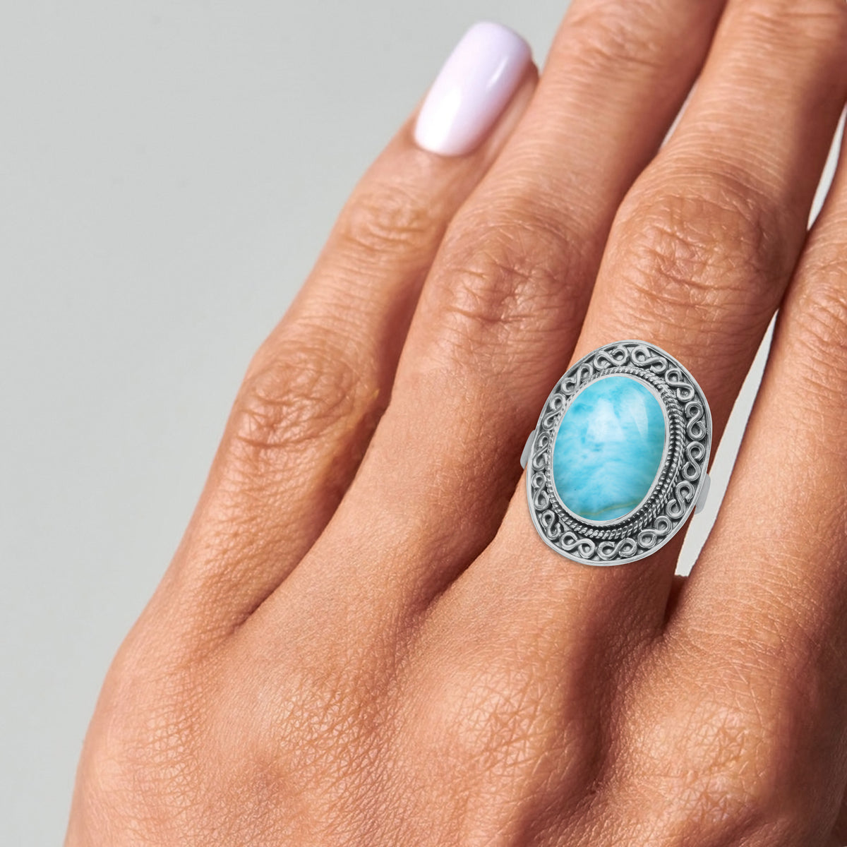 Infinity Larimar Ring - 925 Sterling Silver | Oval 16x12mm | Boho & Chic | Made to Order