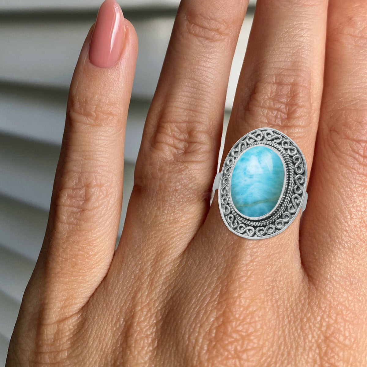Infinity Larimar Ring - 925 Sterling Silver | Oval 16x12mm | Boho & Chic | Made to Order