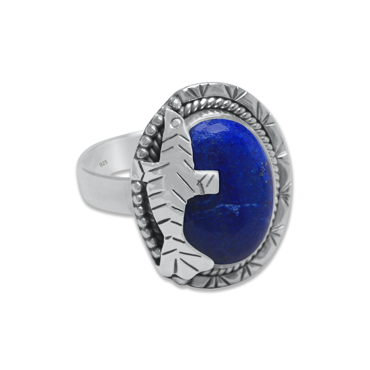 Lapis Lazuli Fish Ring – Oval Cabochon | 925 Sterling Silver | Handmade to Order