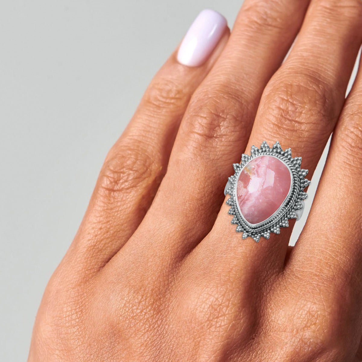 Rhodochrosite Ring - Teardrop Cabochon | 925 Sterling Silver | Handmade to Order