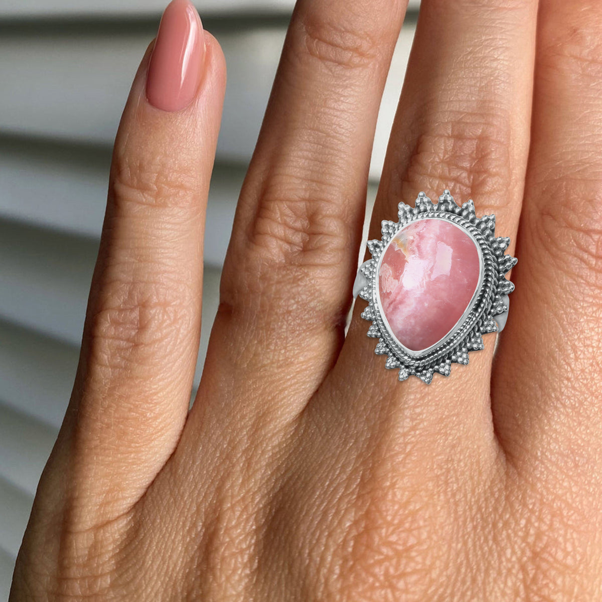 Rhodochrosite Ring - Teardrop Cabochon | 925 Sterling Silver | Handmade to Order