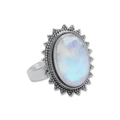 Rainbow Moonstone Sunburst Ring in 925 Sterling Silver – Handmade Gemstone Jewelry | Made to Order