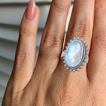 Rainbow Moonstone Sunburst Ring in 925 Sterling Silver – Handmade Gemstone Jewelry | Made to Order