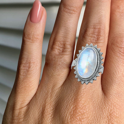 Rainbow Moonstone Sunburst Ring in 925 Sterling Silver – Handmade Gemstone Jewelry | Made to Order