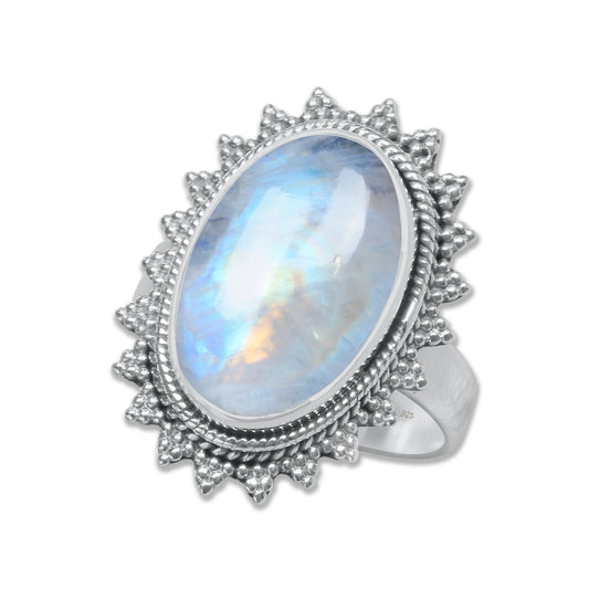 Rainbow Moonstone Sunburst Ring in 925 Sterling Silver – Handmade Gemstone Jewelry | Made to Order
