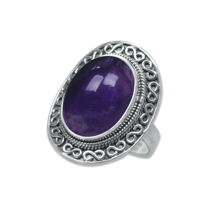 925 Silver Amethyst Oval Ring with Infinity Bezel – Handmade Gemstone Statement | Made to Order