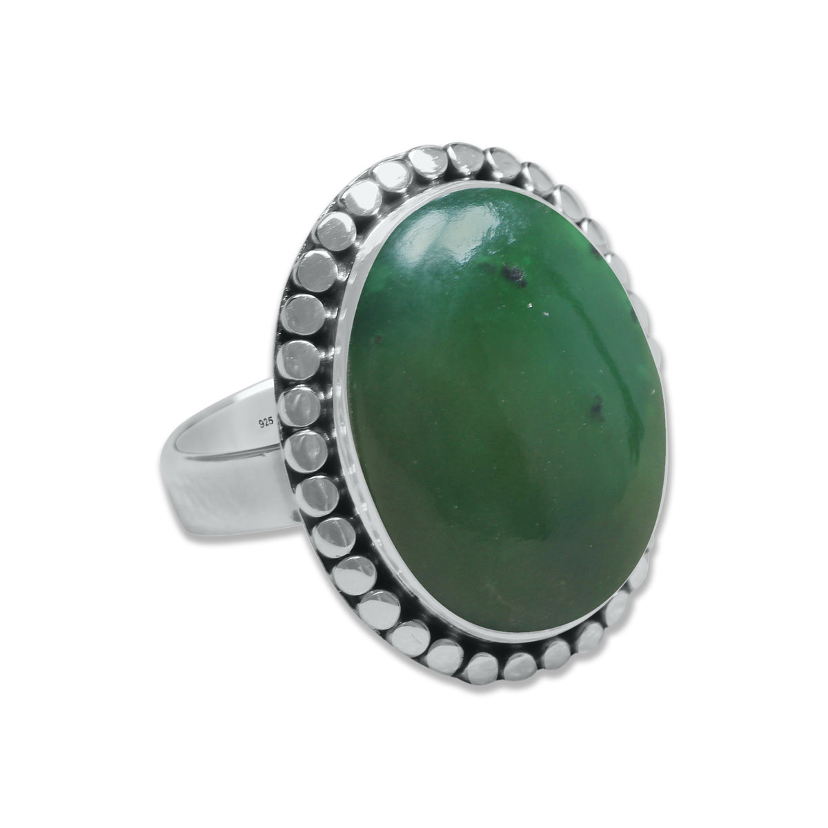 Nephrite Jade Oval Ring – Textured Bezel | 925 Sterling Silver | Handmade to Order