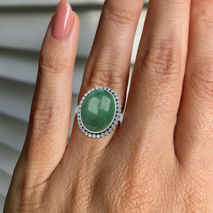 Nephrite Jade Oval Ring – Textured Bezel | 925 Sterling Silver | Handmade to Order