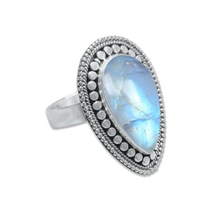 Rainbow Moonstone Pear Ring – Celestial Glow Bezel | 925 Sterling Silver | Made to Order