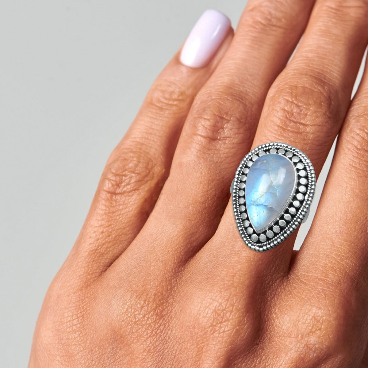 Rainbow Moonstone Pear Ring – Celestial Glow Bezel | 925 Sterling Silver | Made to Order