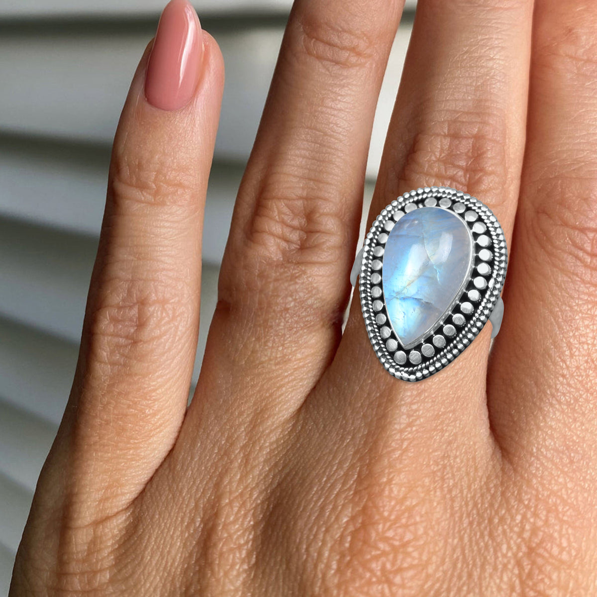 Rainbow Moonstone Pear Ring – Celestial Glow Bezel | 925 Sterling Silver | Made to Order