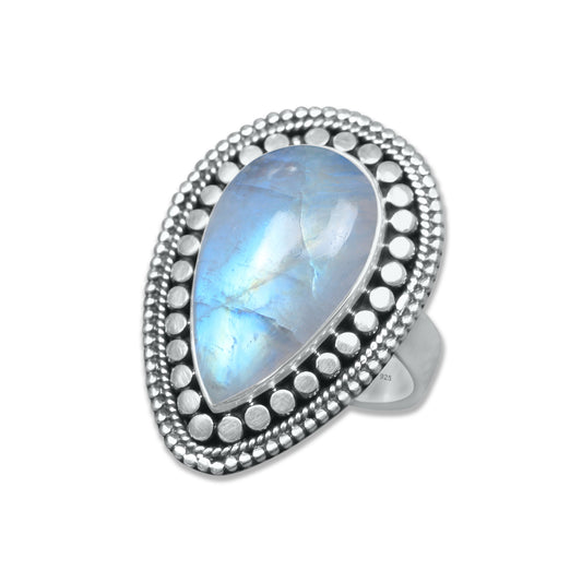 Rainbow Moonstone Pear Ring – Celestial Glow Bezel | 925 Sterling Silver | Made to Order