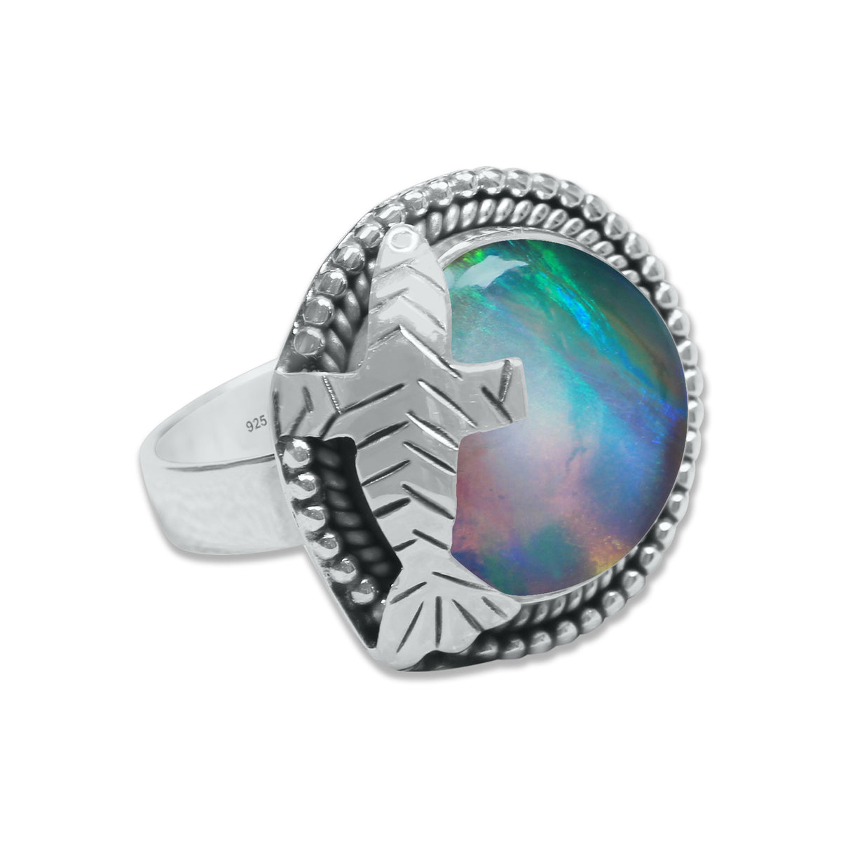 Aurora Opal Ring – Round Cabochon | 925 Sterling Silver | Made to Order