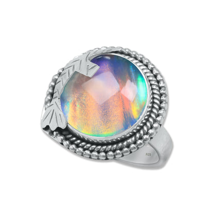 Aurora Opal Ring – Round Cabochon | 925 Sterling Silver | Made to Order
