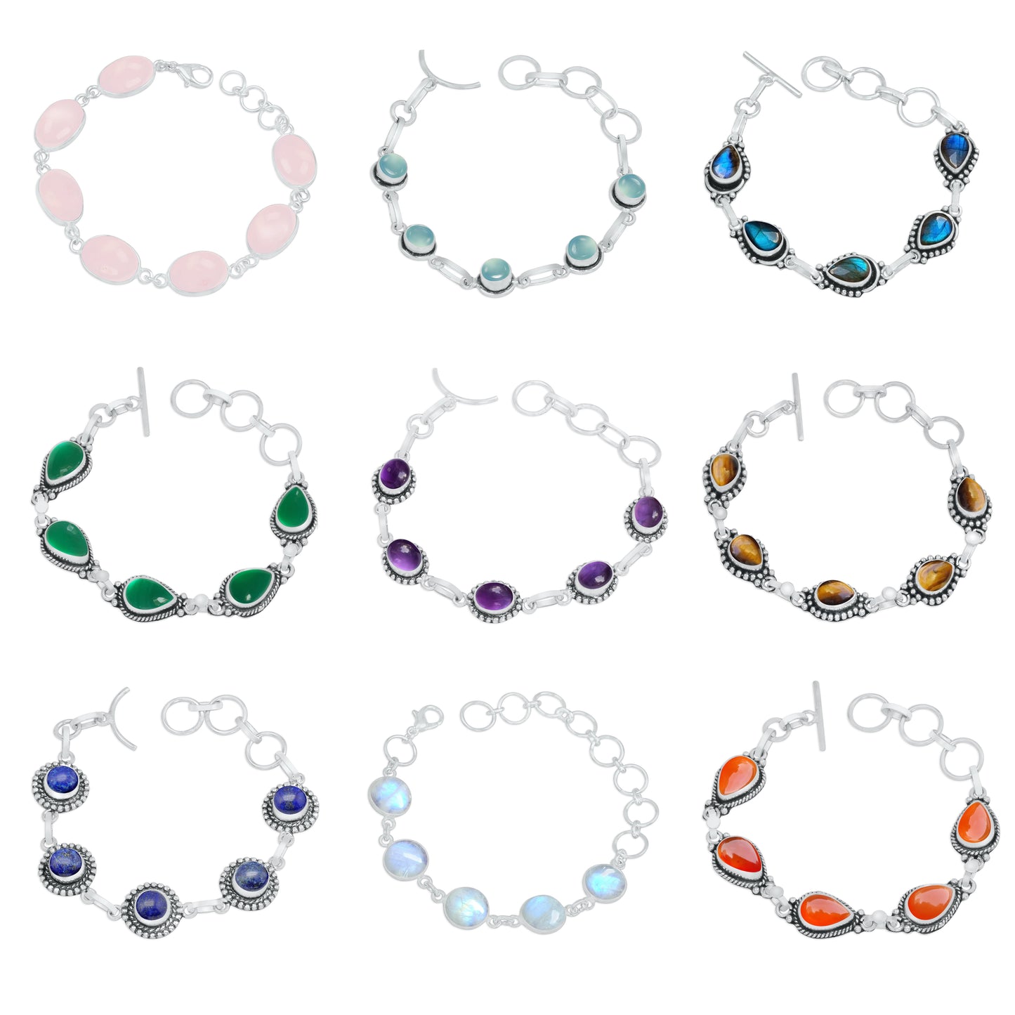 Bracelets en chaîne faits à la main en pierres précieuses multicolores naturelles pour femmes Lot de gros bracelets en cristal plaqué argent assortis