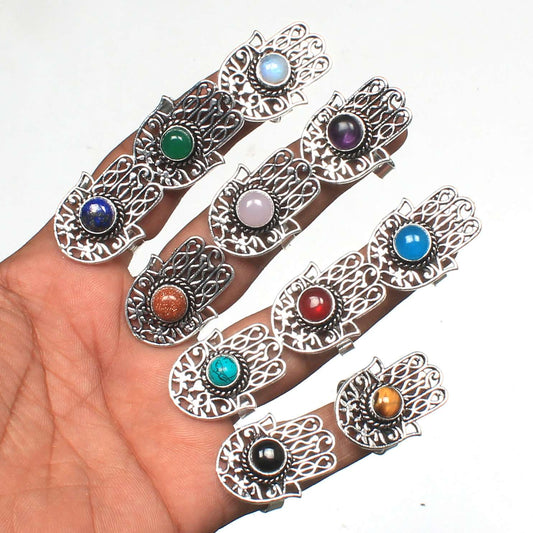 Natural Assorted Gemstone Humsa Rings For Women Multi Color Crystal Handmade Wholesale Rings For Bulk Sale