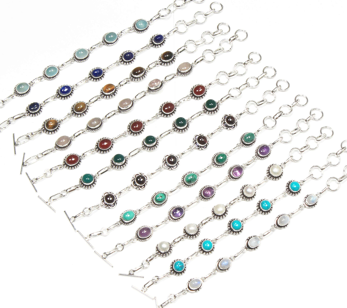 Bracelets en chaîne faits à la main en pierres précieuses multicolores naturelles pour femmes Lot de gros bracelets en cristal plaqué argent assortis