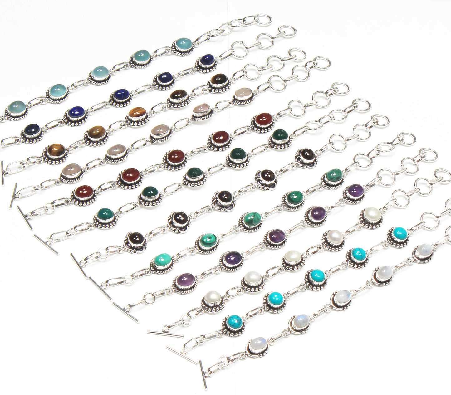 Bracelets en chaîne faits à la main en pierres précieuses multicolores naturelles pour femmes Lot de gros bracelets en cristal plaqué argent assortis